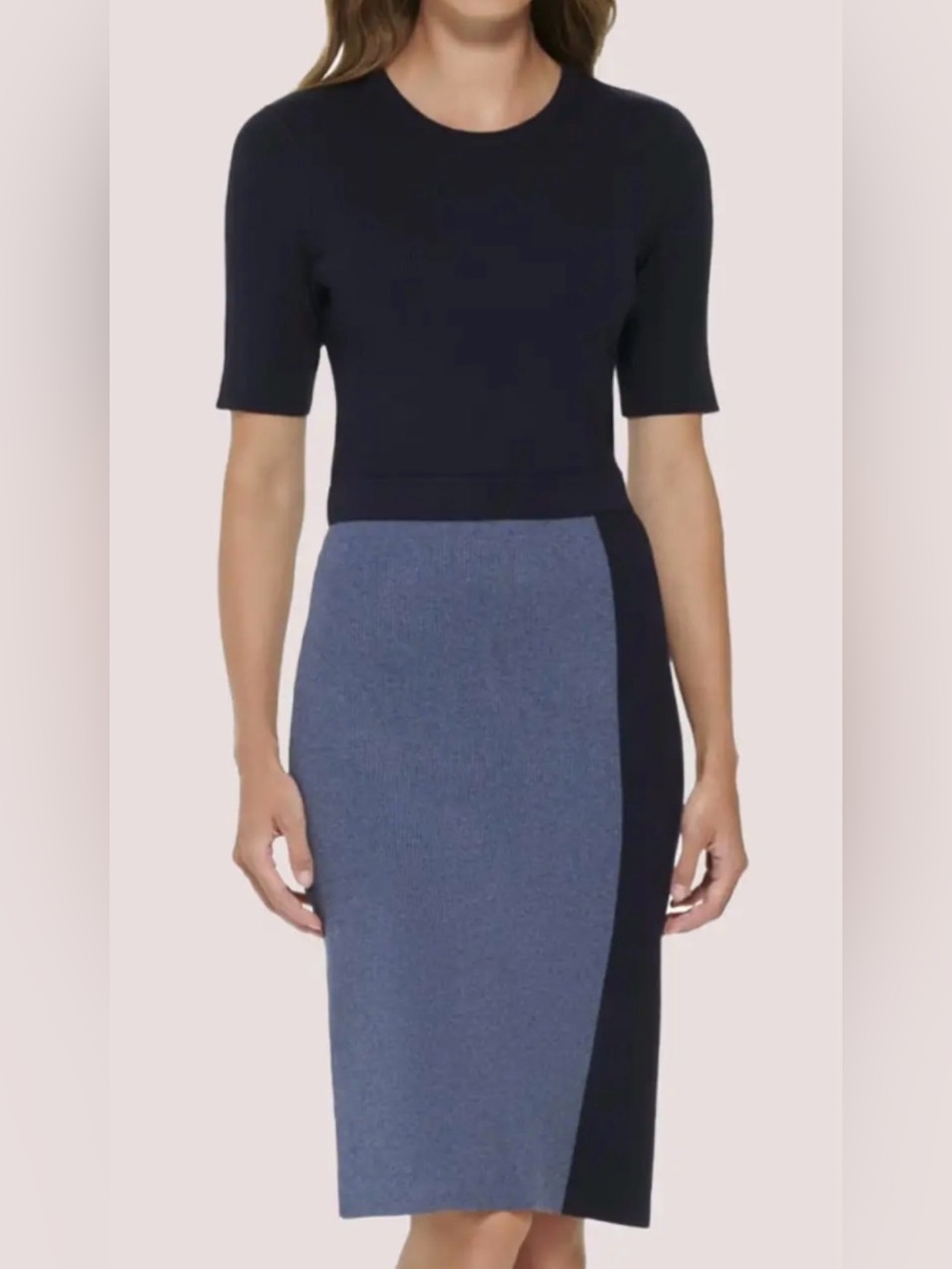 DKNY Minimalist Colorblocked Ribbed Knit Midi Bodycon Dress Navy/Blue Sz L